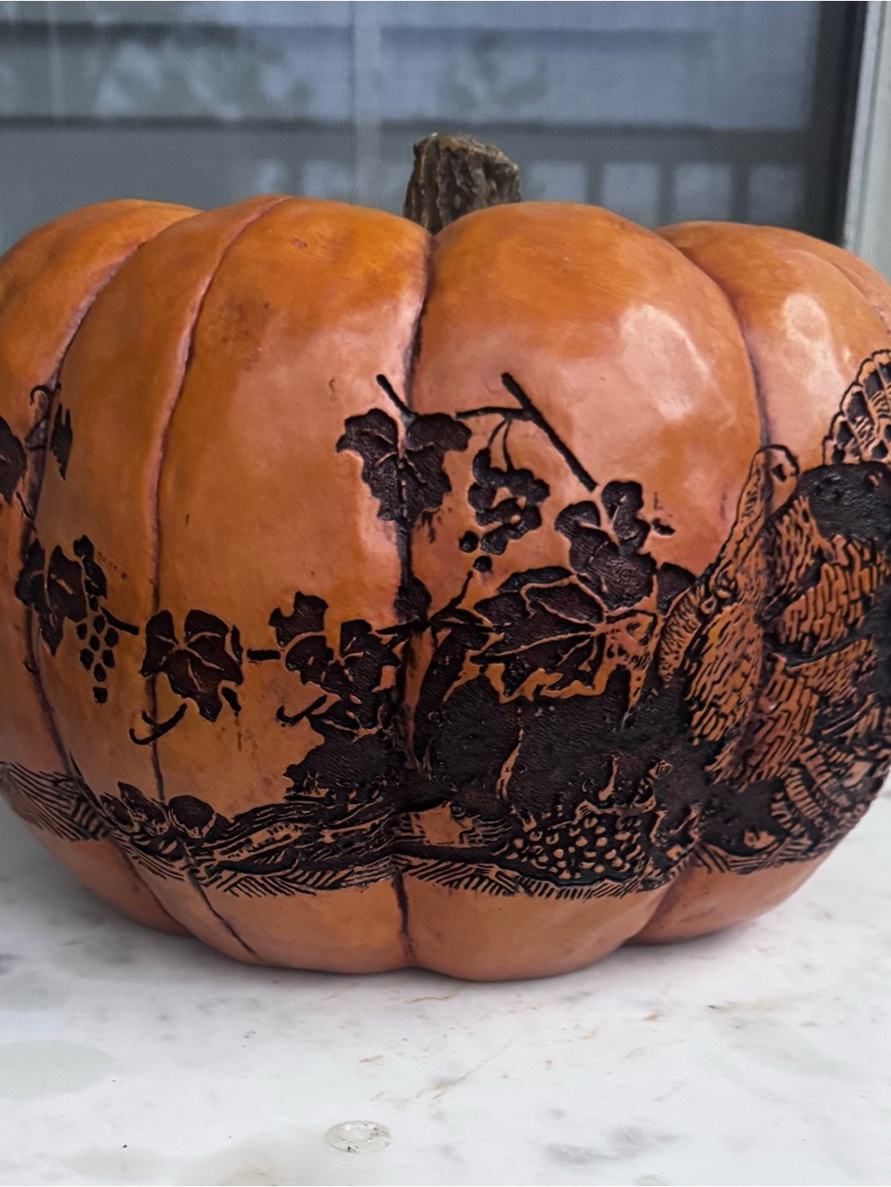 Vintage Roman Inc Thanksgiving Turkey Faux Wood Carved Harvest Pumpkin 2004 10”